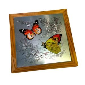 1970 Butterflies wall plaque. Steel square tile, butterflies design on wood.